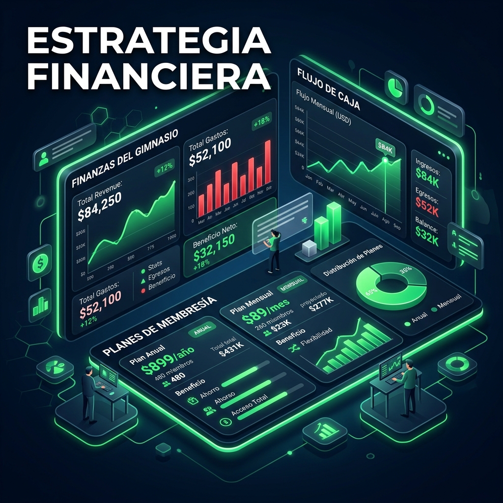 Dashboard de métricas financieras mostrando estrategias de precios y membresías para gimnasios anualidades y mensualidades